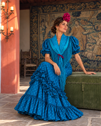Bata Rociera Artesanal "Azul Añil" + Flor de Regalo – Diseño de Lunares con Volantes
