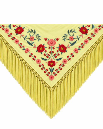 Manton Premium Sevillla Amarillo y Coral. Flecos Artesanales (75×75)