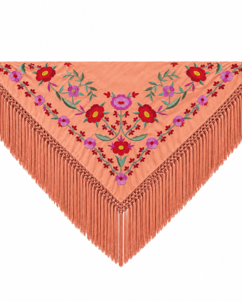 Mantón Edición Premium Sevilla Coral y Rojo Flecos Artesanales (75×75)