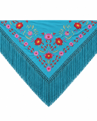 Mantón Edición Premium Sevilla Turquesa y Rojo Flecos Artesanales (75×75)