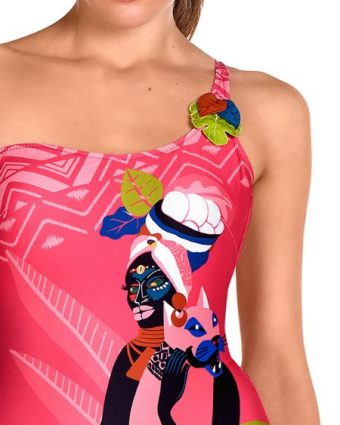 Bañador asimétrico fucsia con estampado tropical y Soft Control - Detalle del diseño - Ana Faura