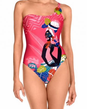 Bañador asimétrico fucsia con estampado tropical y Soft Control - Vista frontal completa - Ana Faura