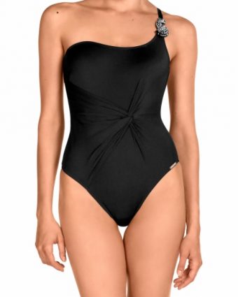 Bañador asimétrico negro con efecto fruncido y suave control - Vista frontal completa - Ana Faura