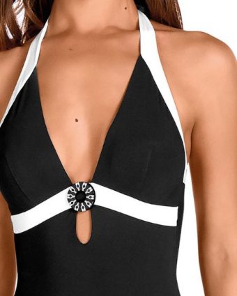 Bañador bicolor negro y blanco con escote V y tirantes multiposición - Detalle del diseño - Ana Faura