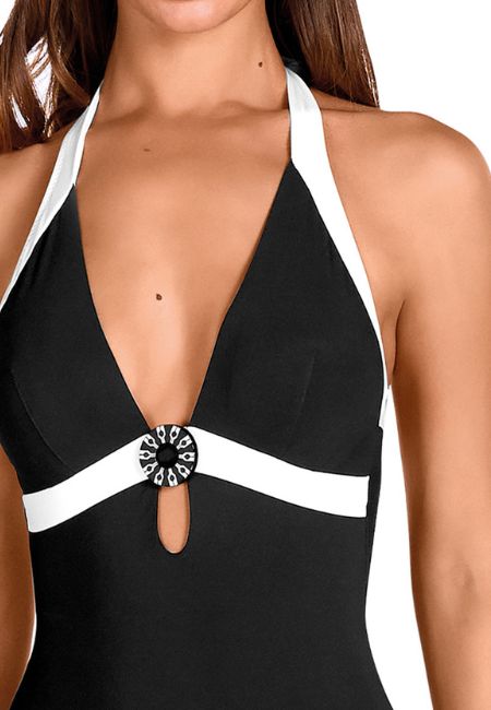 Bañador bicolor negro y blanco con escote V y tirantes multiposición - Detalle del diseño - Ana Faura