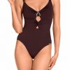 Bañador cut-out marrón con doble tirante y hebilla - Vista frontal completa - Ana Faura