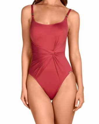 Bañador Drapeado Rojo Cereza con Control Abdominal Suave - Vista frontal completa - Ana Faura