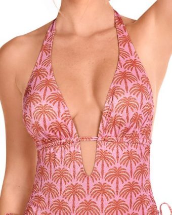 Bañador enterizo escote pico palmeras bronce lurex rosa empolvado - Detalle del diseño - Ana Faura