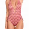 Bañador enterizo escote pico palmeras bronce lurex rosa empolvado - Vista frontal completa - Ana Faura