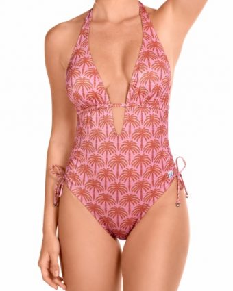 Bañador enterizo escote pico palmeras bronce lurex rosa empolvado - Vista frontal completa - Ana Faura
