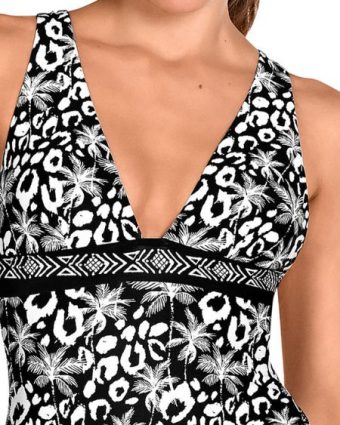Bañador de mujer con lazos laterales, escote en V y estampado animal print en blanco y negro - Detalle del diseño - Ana Faura