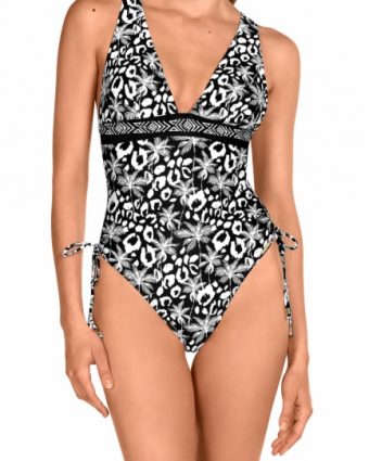 Bañador de mujer con lazos laterales, escote en V y estampado animal print en blanco y negro - Vista frontal completa - Ana Faura