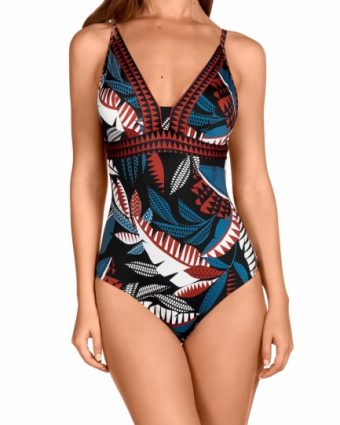 Bañador clásico escote V estampado geométrico con soft control - Vista frontal completa - Ana Faura