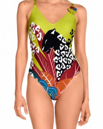 Bañador de escote V con Soft Control y estampado tropical multicolor - Vista frontal completa - Ana Faura