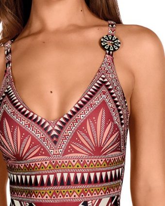 Bañador estampado geométrico con soft control y escote V - Detalle del diseño - Ana Faura