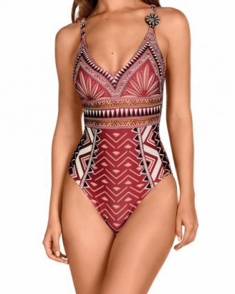 Bañador estampado geométrico con soft control y escote V - Vista frontal completa - Ana Faura