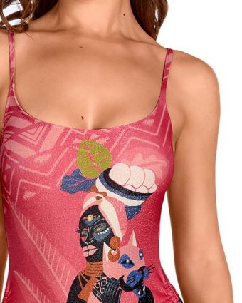 Bañador estampado étnico con control abdomen y escote profundo detrás - Detalle del diseño - Ana Faura
