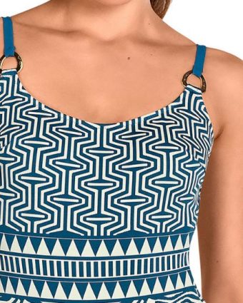 Bañador étnico geométrico Soft Control azul con espalda escotada - Detalle del diseño - Ana Faura
