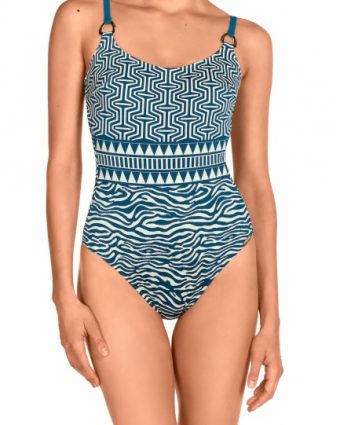 Bañador étnico geométrico Soft Control azul con espalda escotada - Vista frontal completa - Ana Faura