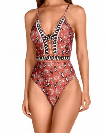 Bañador Copa B Estampado Étnico Geomético con EscotePronunciado - Vista frontal completa - Ana Faura