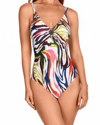 Bañador estampado geométrico con hebilla Soft Control vibrante - Vista frontal completa - Ana Faura