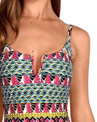 Bañador estampado geométrico Soft Control turquesa y fucsia - Detalle del diseño - Ana Faura