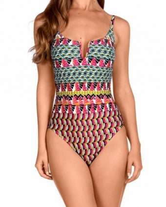 Bañador estampado geométrico Soft Control turquesa y fucsia - Vista frontal completa - Ana Faura