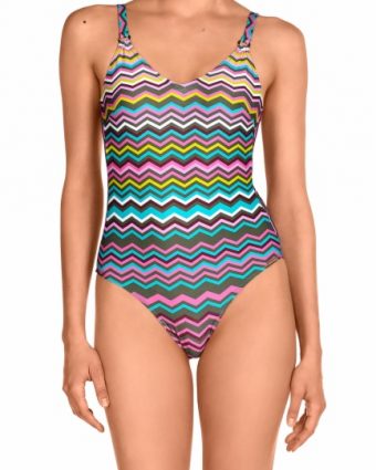 Bañador geométrico zigzag multicolor con escote V y copas B - Vista frontal completa - Ana Faura