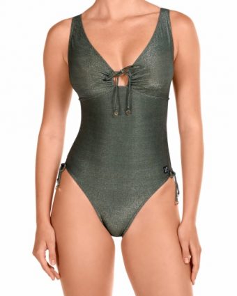 Bañador kaki con detalle de lazo y lúrex sutil - Vista frontal completa - Ana Faura