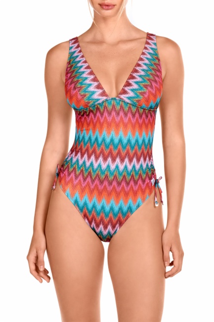 Bañador de Lurex Estampado Multicolor con Espalda Cerrada y Escote en V (Foto 1) Bañador de Lurex Estampado Multicolor con Espalda Cerrada y Escote en V - Vista frontal completa - Ana Faura