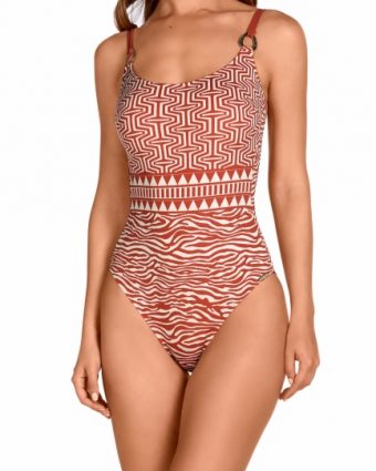 Bañador moldeador Soft Control de corte clásico y estampado geométrico terracota - Vista frontal completa - Ana Faura