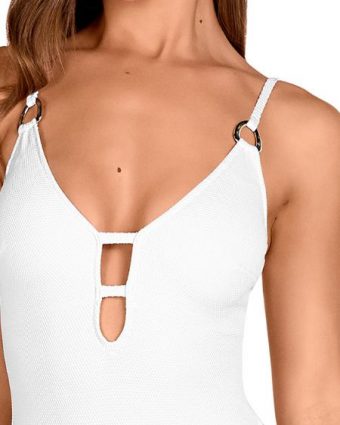 Bañador monokini blanco con aberturas y lazos ajustables - Detalle del diseño - Ana Faura