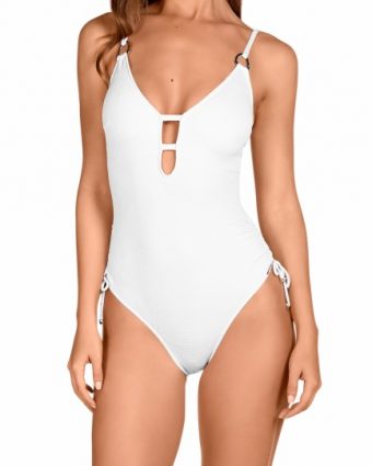 Bañador monokini blanco con aberturas y lazos ajustables - Vista frontal completa - Ana Faura