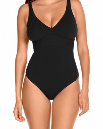 Bañador enterizo negro con escote en V y copas extraíbles - Vista frontal completa - Ana Faura
