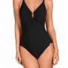 Bañador negro escote V con hebilla y soft control - Vista frontal completa - Ana Faura