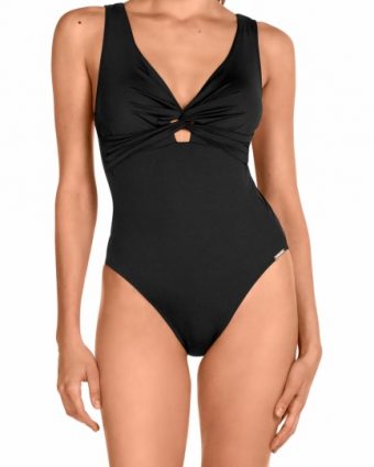 Bañador negro escote V con detalle twister y copas extraíbles - Vista frontal completa - Ana Faura