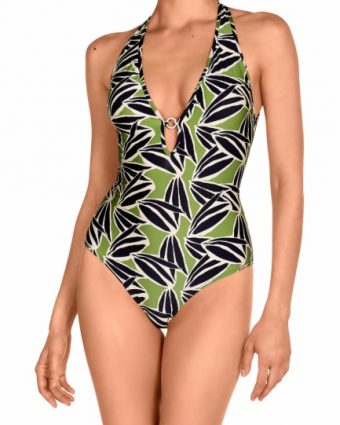 Bañador Soft Control escote V botánico verde oliva - Vista frontal completa - Ana Faura