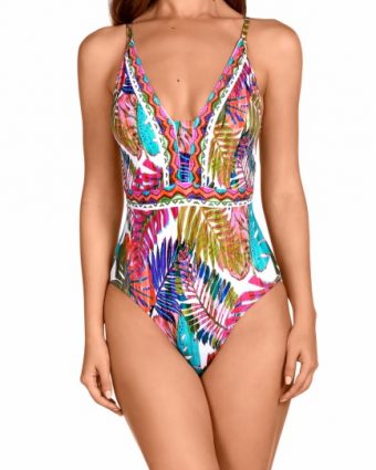Bañador de una pieza tropical con escote V y escote en la espalda, Soft Control, Copa B - Vista frontal completa - Ana Faura
