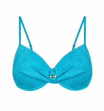 Bikini con aros y braga de lazos turquesa vibrante - Vista frontal completa - Ana Faura