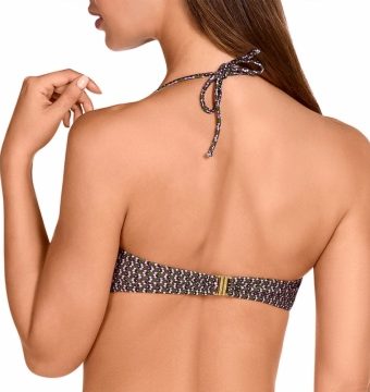 Top de Bikini Bandeau con Aros, Estampado Botánico y Atado al Cuello Oliva - Detalle del diseño - Ana Faura