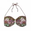 Top de Bikini Bandeau con Aros, Estampado Botánico y Atado al Cuello Oliva - Vista frontal completa - Ana Faura