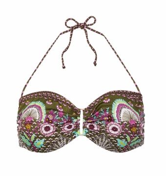 Top de Bikini Bandeau con Aros, Estampado Botánico y Atado al Cuello Oliva - Vista frontal completa - Ana Faura