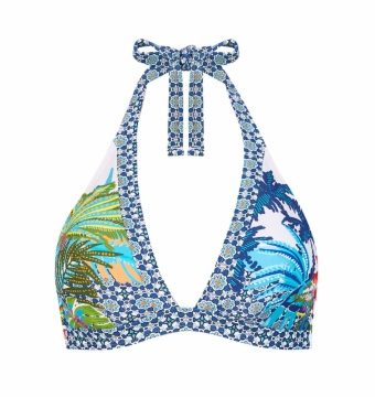 Bikini de Estampado Tropical y Étnico Azul con Aro y Halter - Vista frontal completa - Ana Faura