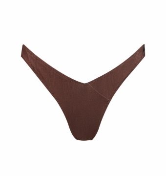 Braga de bikini tiro alto corte gaviota Lurex en marrón metalizado - Vista frontal completa - Ana Faura