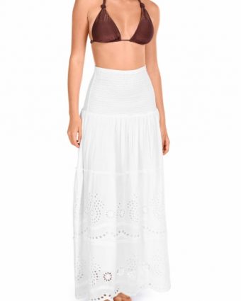 Falda larga y vestido multiposición troquelado de algodón blanco - Detalle del diseño - Ana Faura