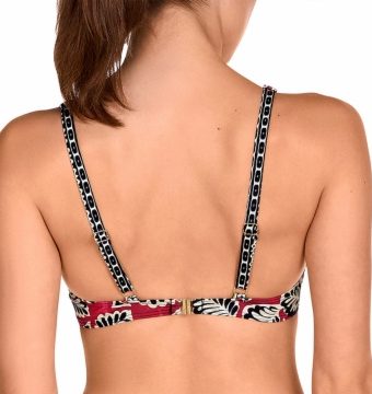 Sujetador de Bikini con Aros y Estampado Étnico en Negro y Rojo - Detalle del diseño - Ana Faura