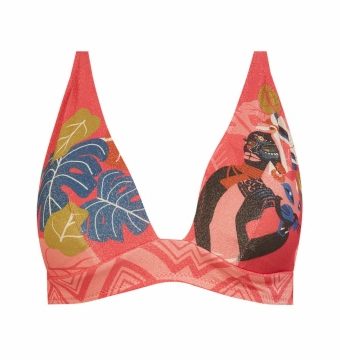 Sujetador de bikini bralette tropical coral con aros y escote en V - Vista frontal completa - Ana Faura