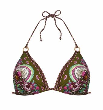 Sujetador bikini triángulo con aros estampado étnico verde - Vista frontal completa - Ana Faura