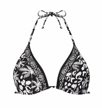 Sujetador Halter de Bikini con Aros Estampado Étnico Blanco y Negro - Vista frontal completa - Ana Faura