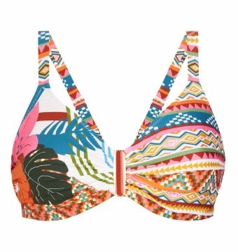 Top de bikini con aros y copas D estampado tropical y tribal - Vista frontal completa - Ana Faura